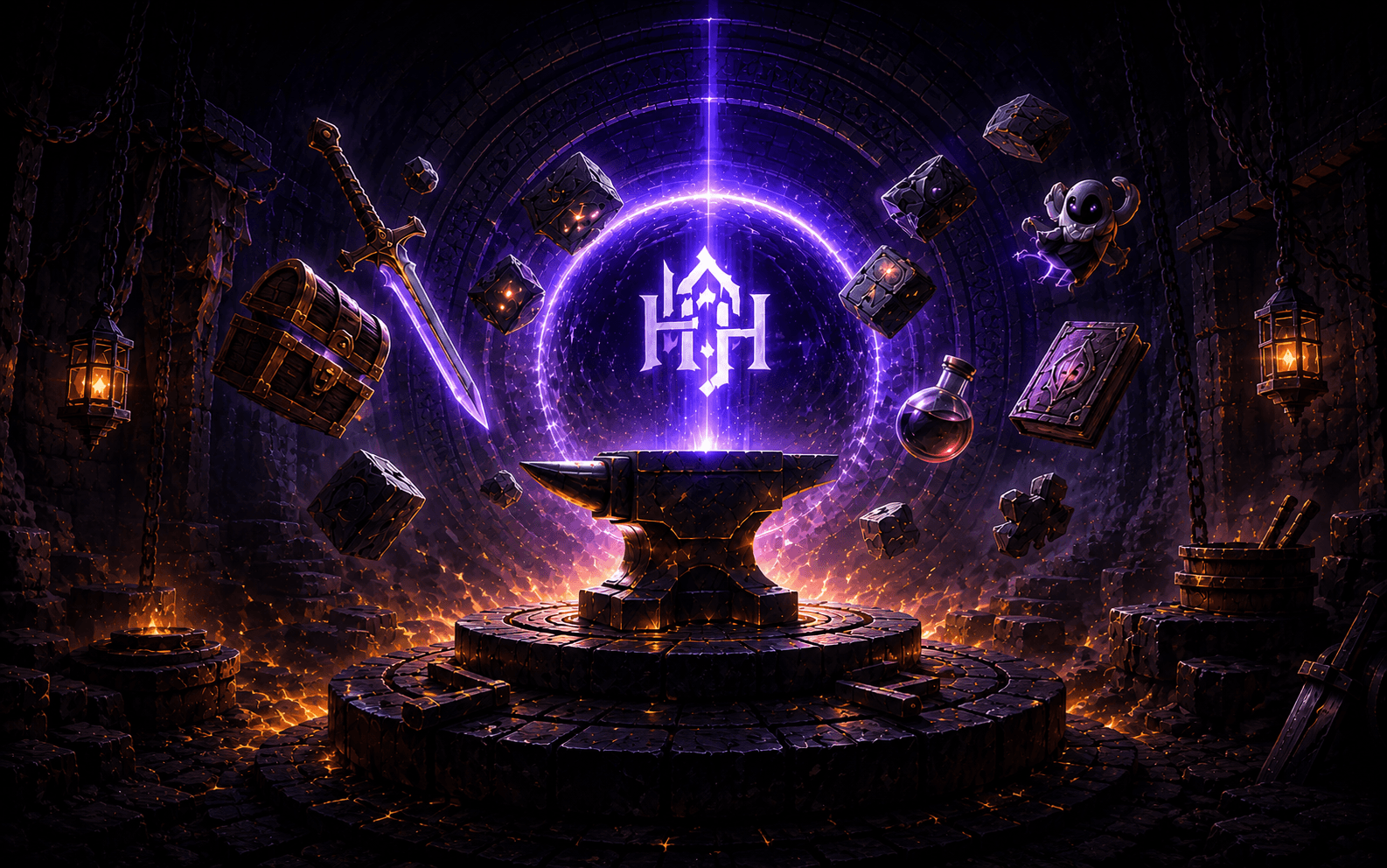 A magical anvil under a glowing portal, surrounded by floating dice, a sword, a chest, a potion, and a tome — game development as forge work.