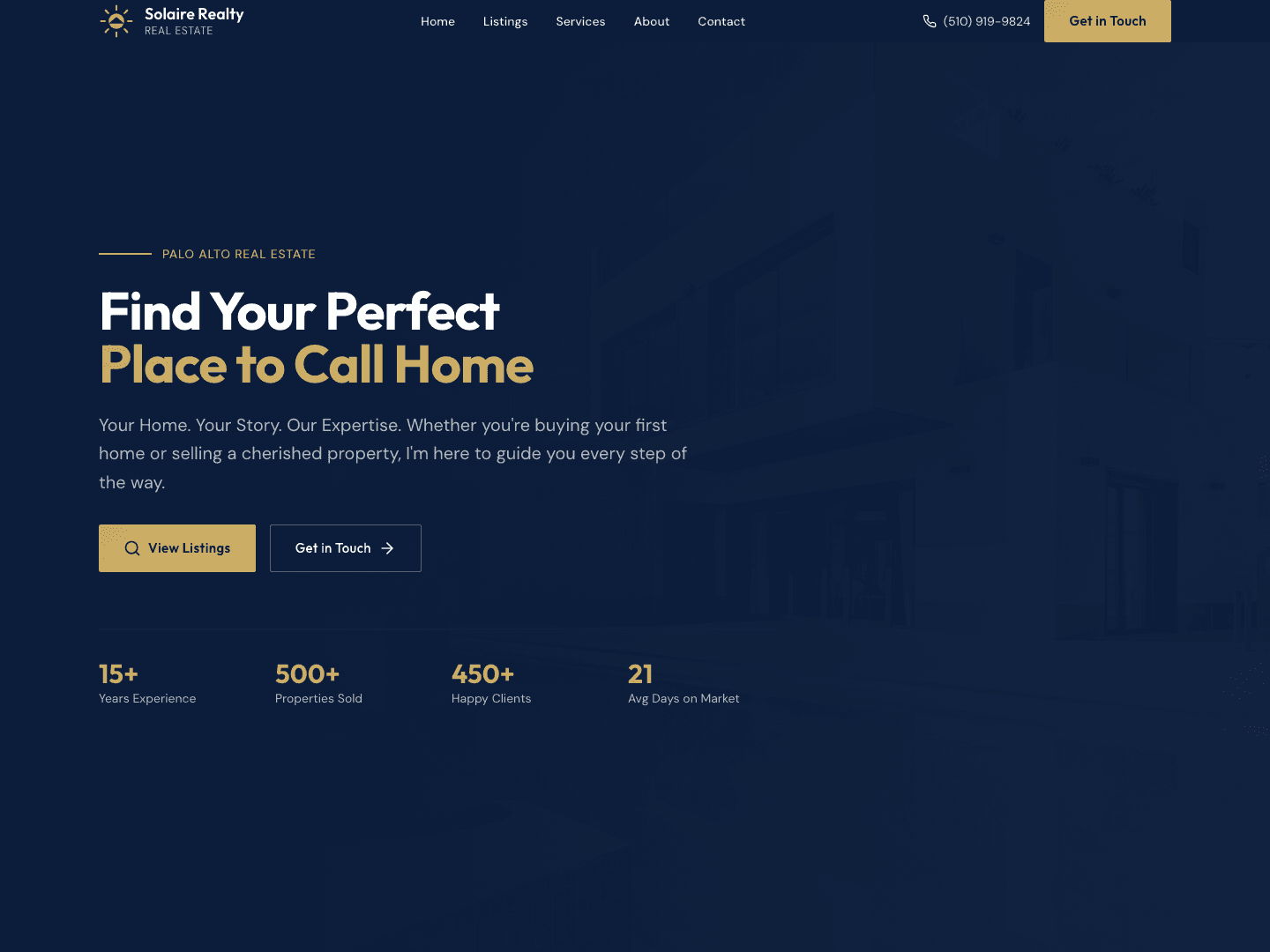 The after: Solaire Realty's homepage hero in navy and gold, anchored by the new sun mark