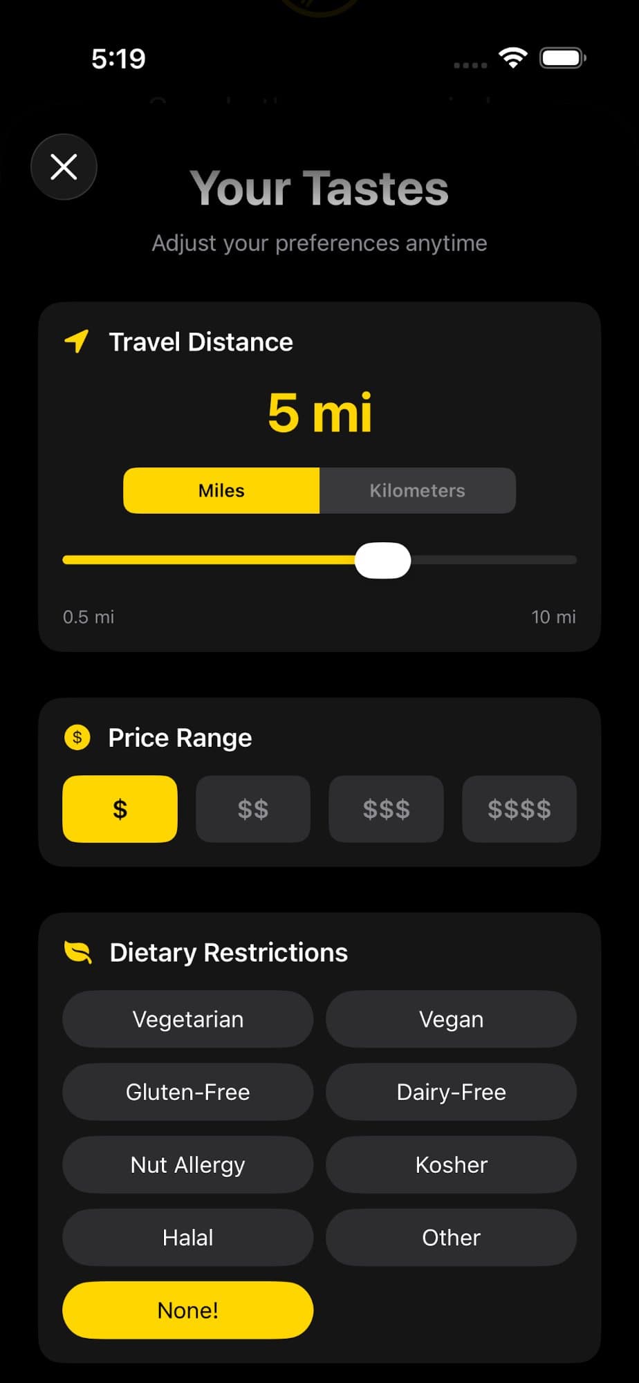 What's for Dinner — Your Tastes preferences